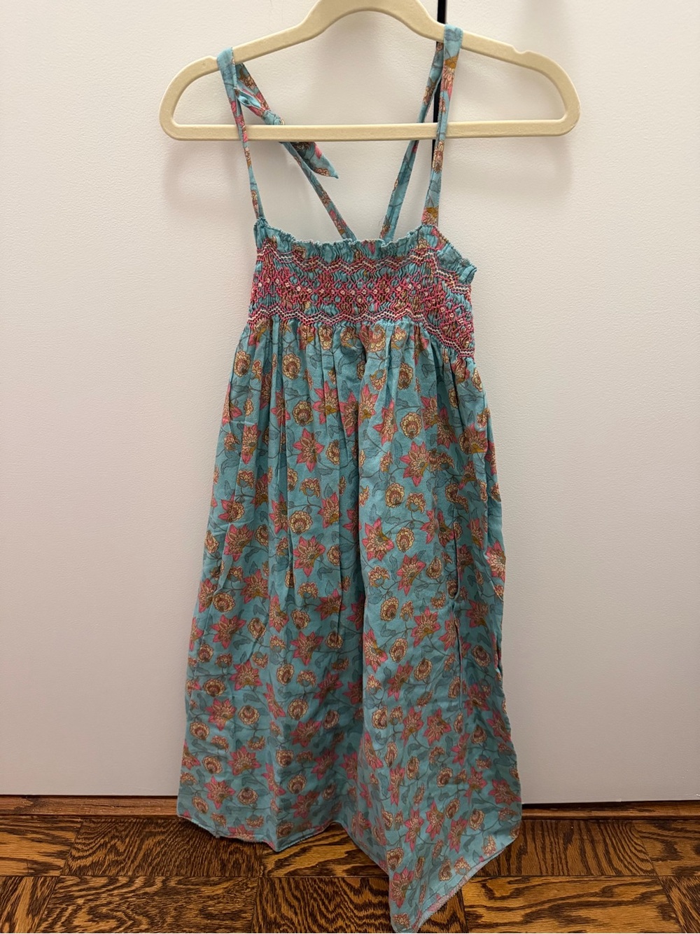Girls' Teal Floral Smocked Summer Dress with Adjustable Straps